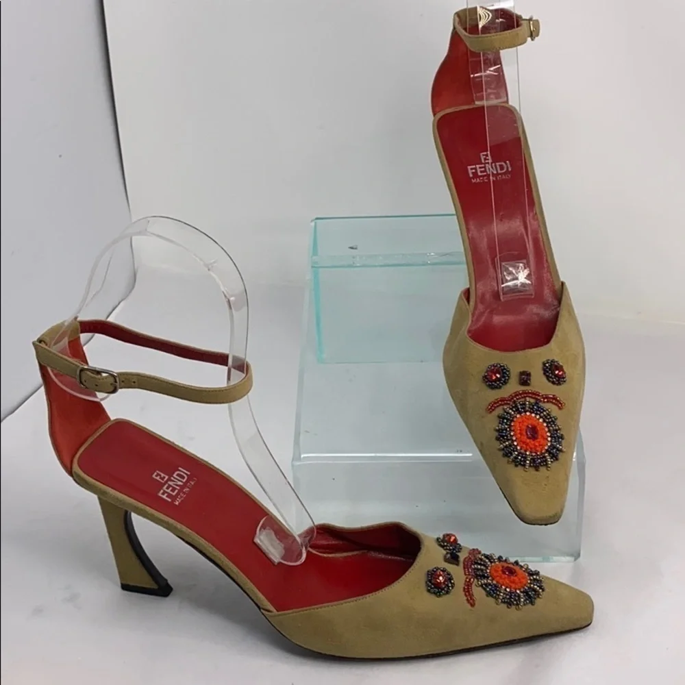 Fendi Sz 9.5M Beige Suede Beaded Ankle Strap Heels